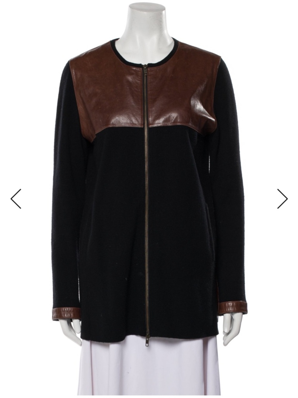 Neiman Marcus Women's Black & Brown Zip Front Cashmere & Leather Sweater M